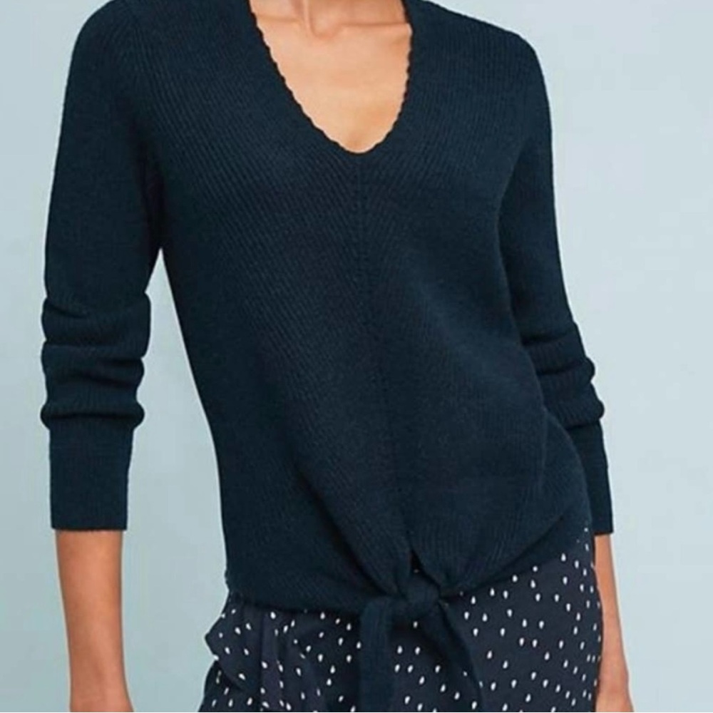 Moth by Anthropologie Honey Freeport Ribbed Sweater Tie Front Waist Navy Blue L